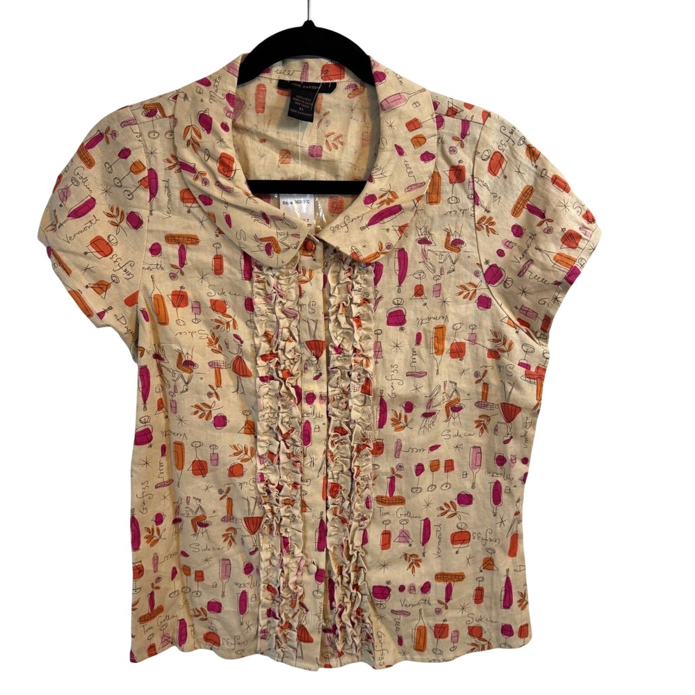Anne Carson Blouse Cocktail Print XL Multicolor Womens Ruffle Linen Top New